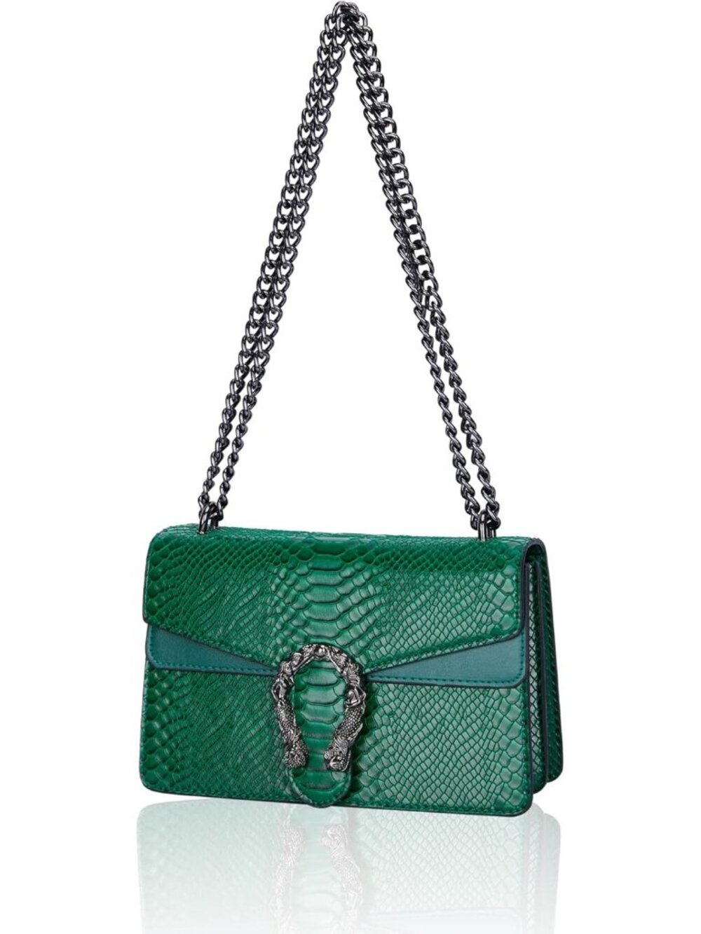 Women's Pop Green Leather Cross Body And Satchel Classic Snake Print Chain Bag